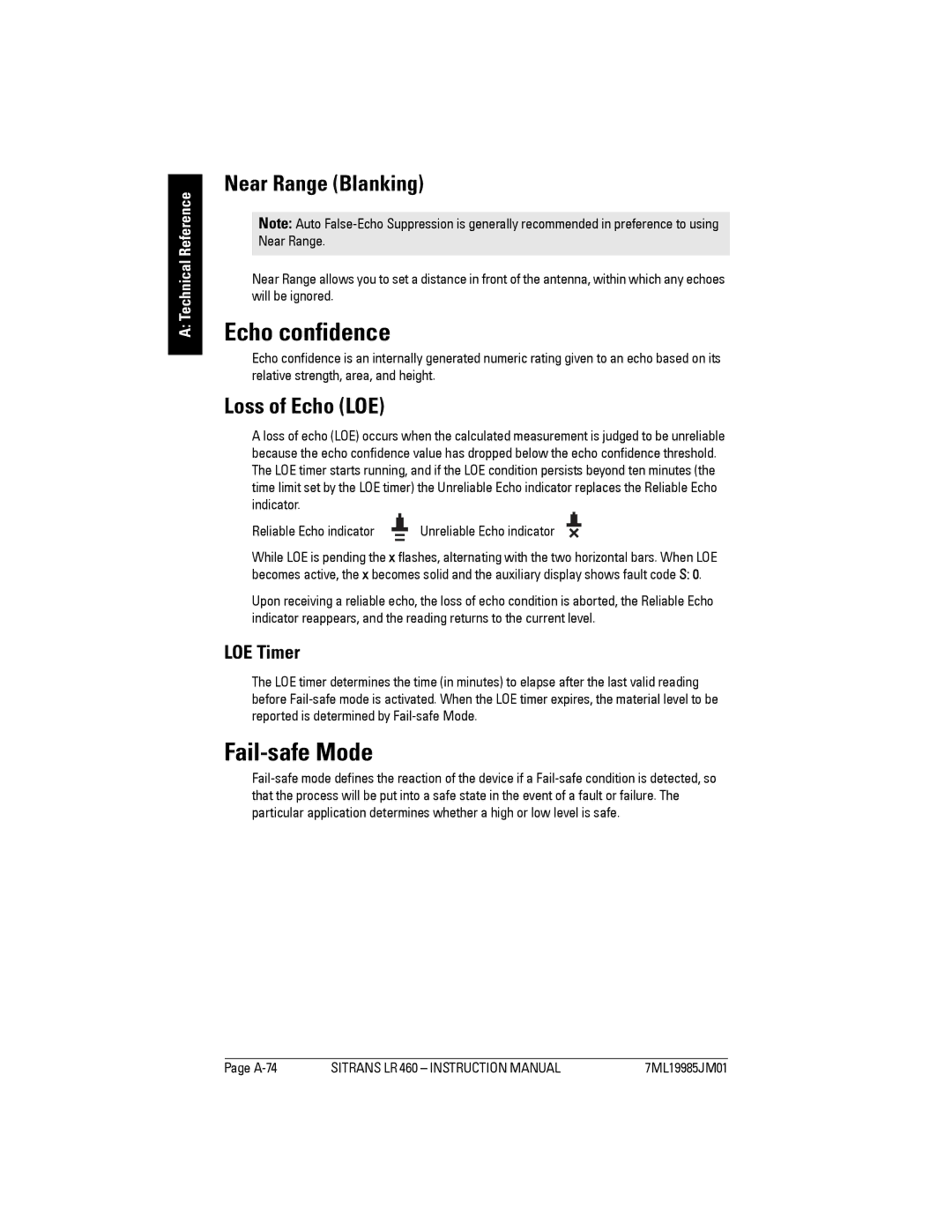 Siemens LR 460 instruction manual Echo confidence, Fail-safe Mode, Near Range Blanking, Loss of Echo LOE, LOE Timer 