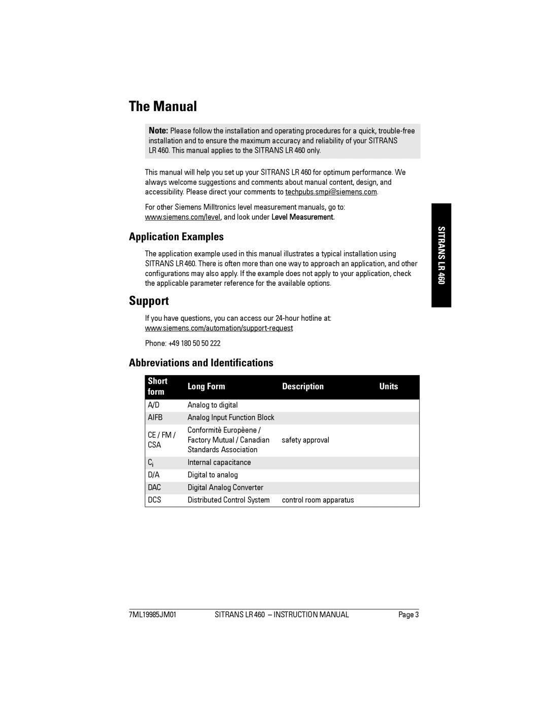 Siemens LR 460 Manual, Support, Application Examples, Abbreviations and Identifications, Short Long Form Description Units 