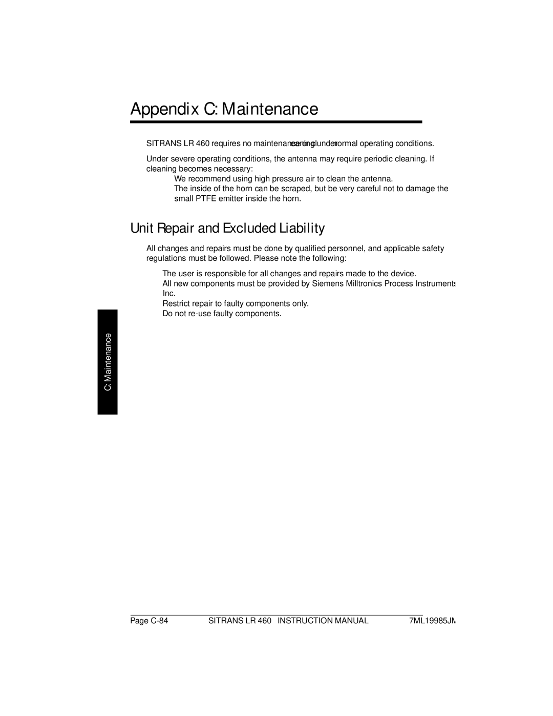 Siemens LR 460 instruction manual Appendix C Maintenance, Unit Repair and Excluded Liability 