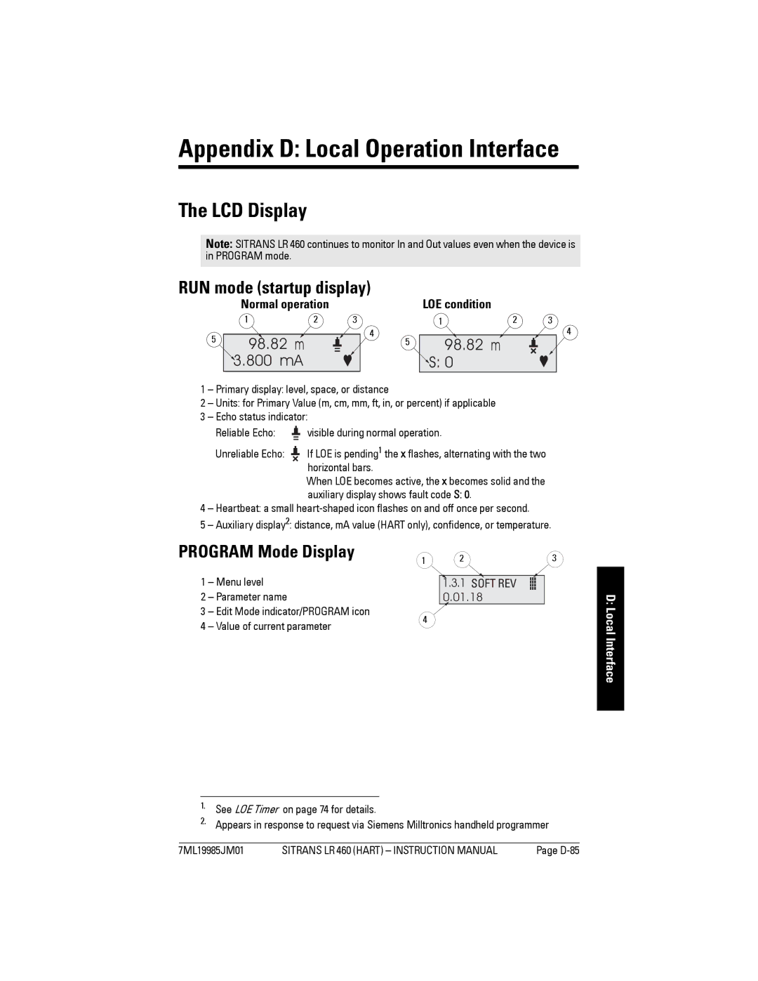 Siemens LR 460 instruction manual LCD Display, RUN mode startup display, Program Mode Display, Local Interface 