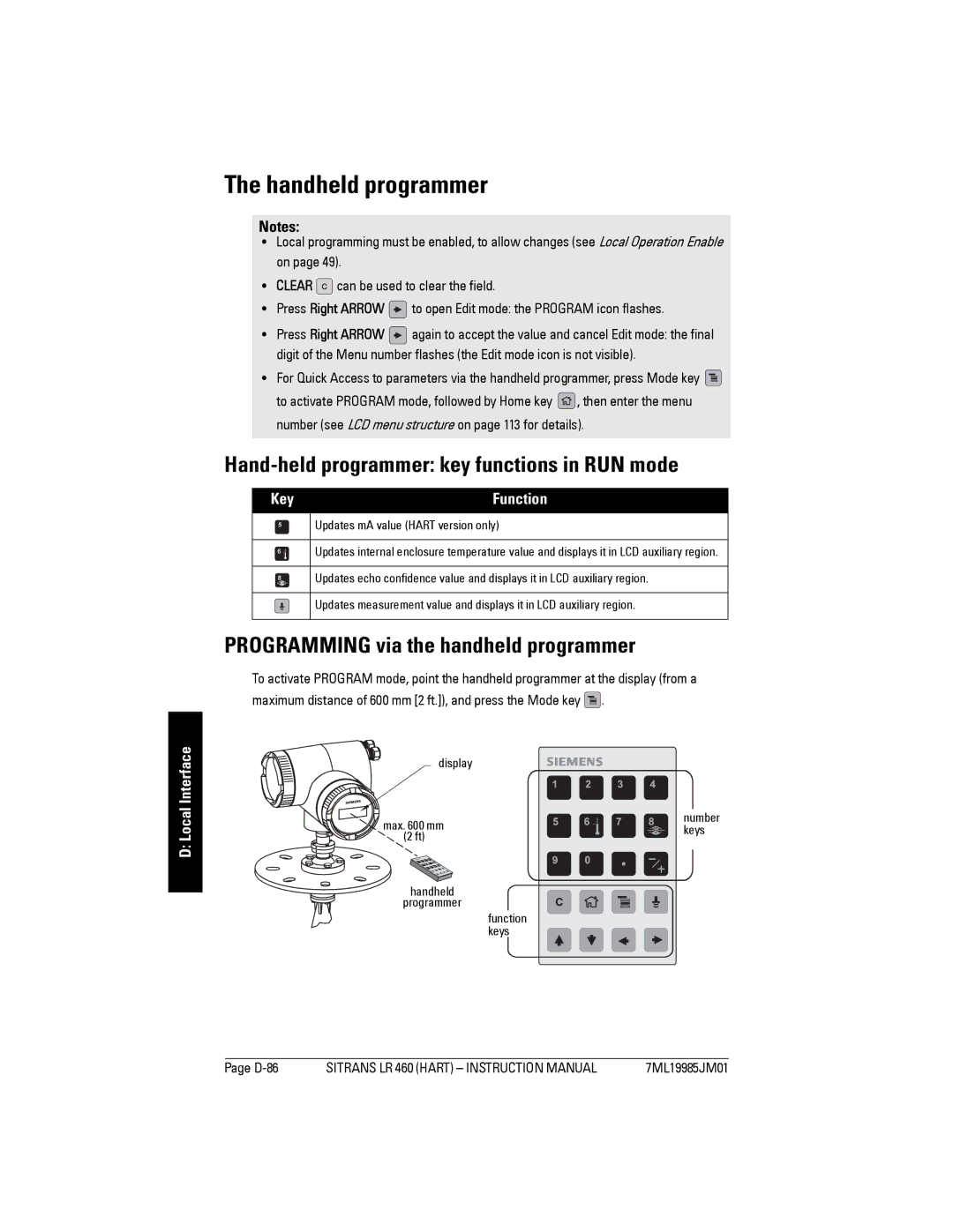 Siemens LR 460 instruction manual Handheld programmer, Hand-held programmer key functions in RUN mode, Key Function, D-86 