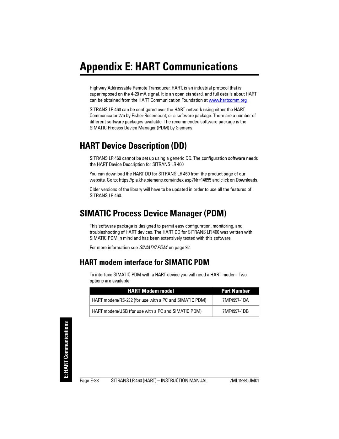 Siemens LR 460 Hart Device Description DD, Simatic Process Device Manager PDM, Hart modem interface for Simatic PDM 