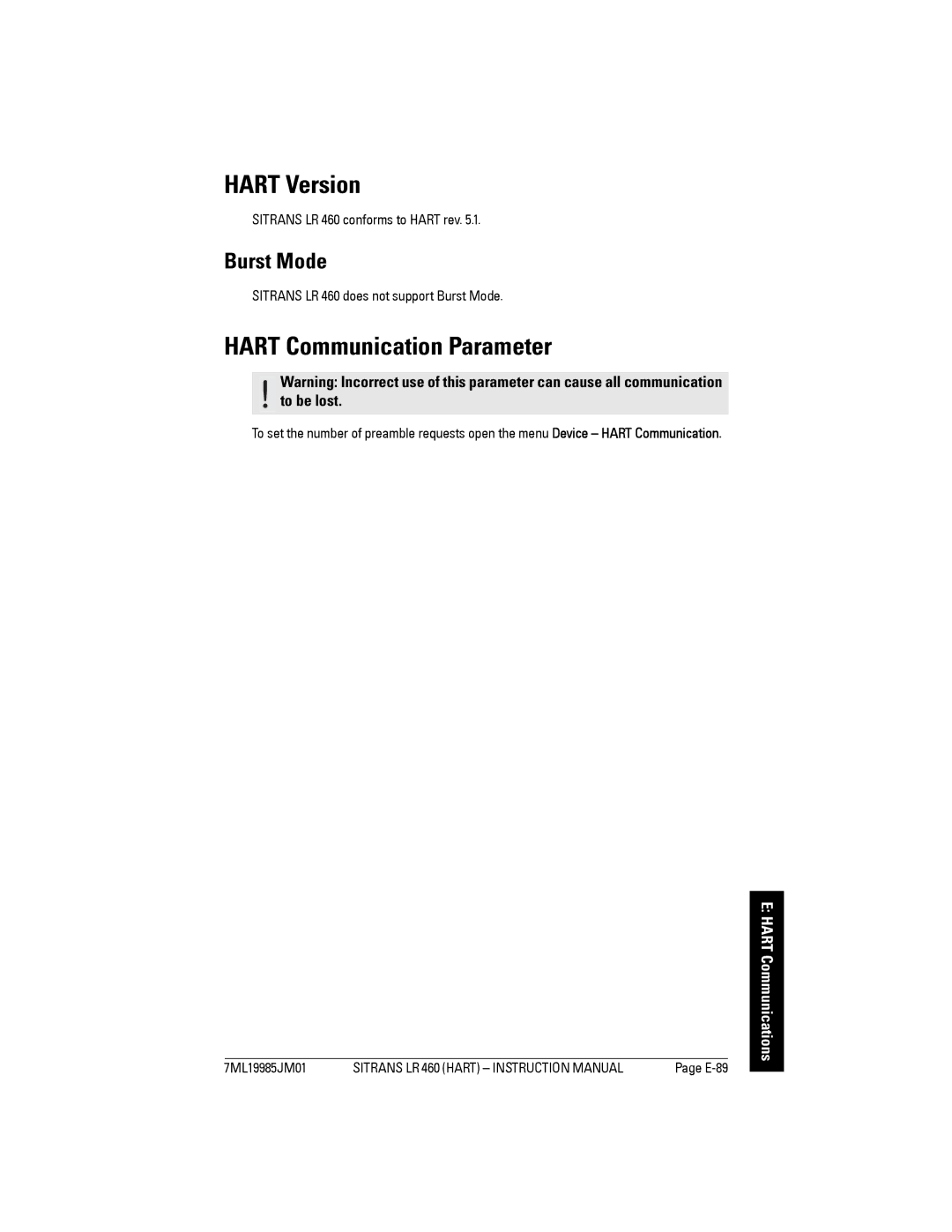 Siemens instruction manual Hart Version, Hart Communication Parameter, Burst Mode, Sitrans LR 460 conforms to Hart rev 