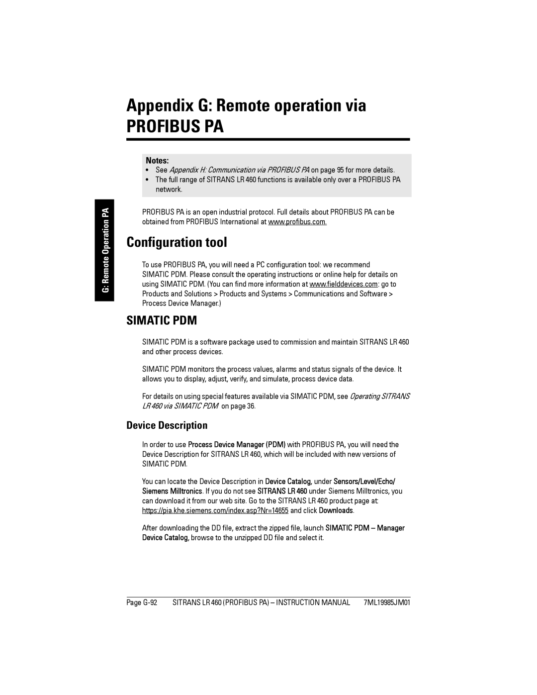 Siemens LR 460 Appendix G Remote operation via, Configuration tool, Device Description, Remote Operation PA 