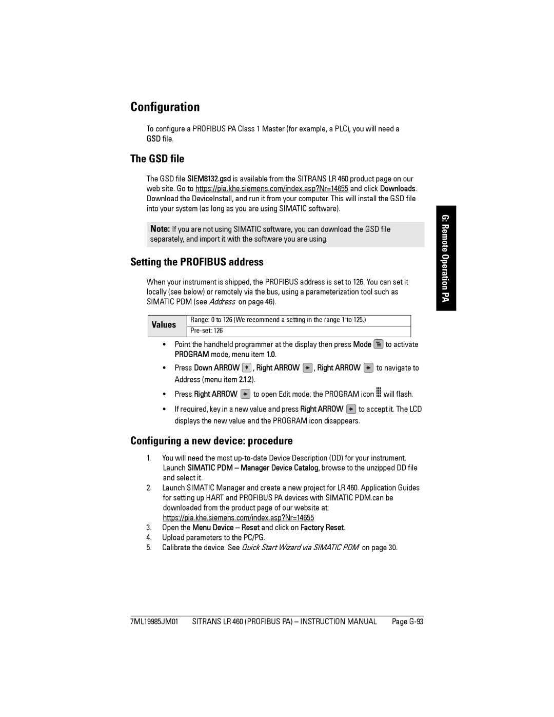 Siemens LR 460 instruction manual Configuration, GSD file Setting the Profibus address, Configuring a new device procedure 