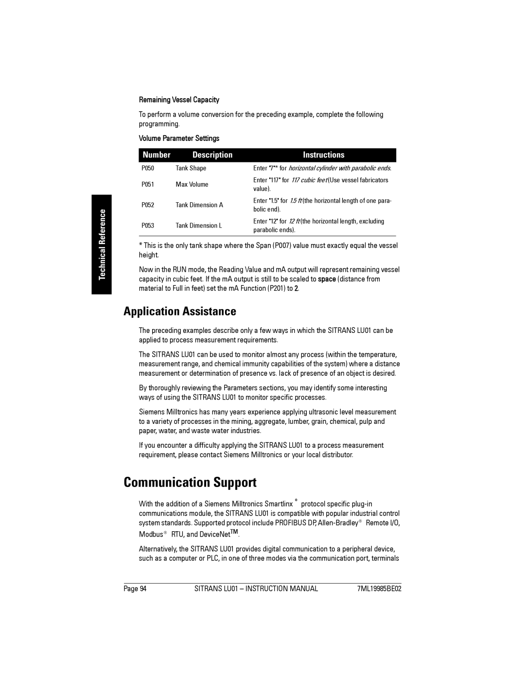 Siemens LU01 instruction manual Communication Support, Application Assistance, Reference Number, Technical 