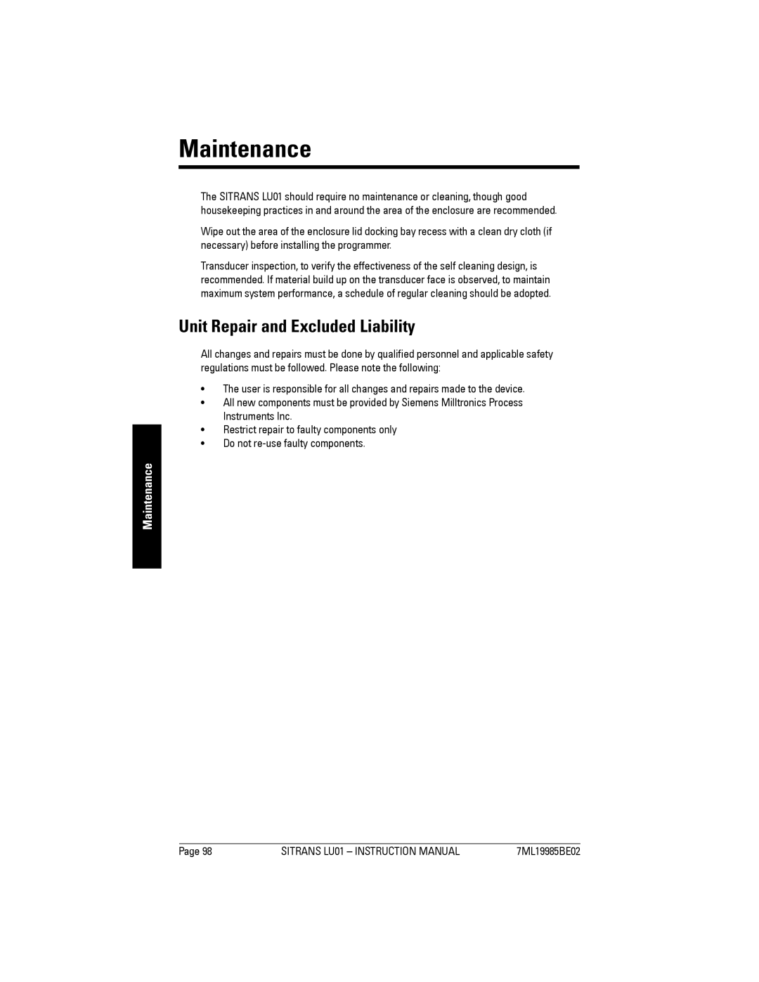 Siemens LU01 instruction manual Maintenance, Unit Repair and Excluded Liability 