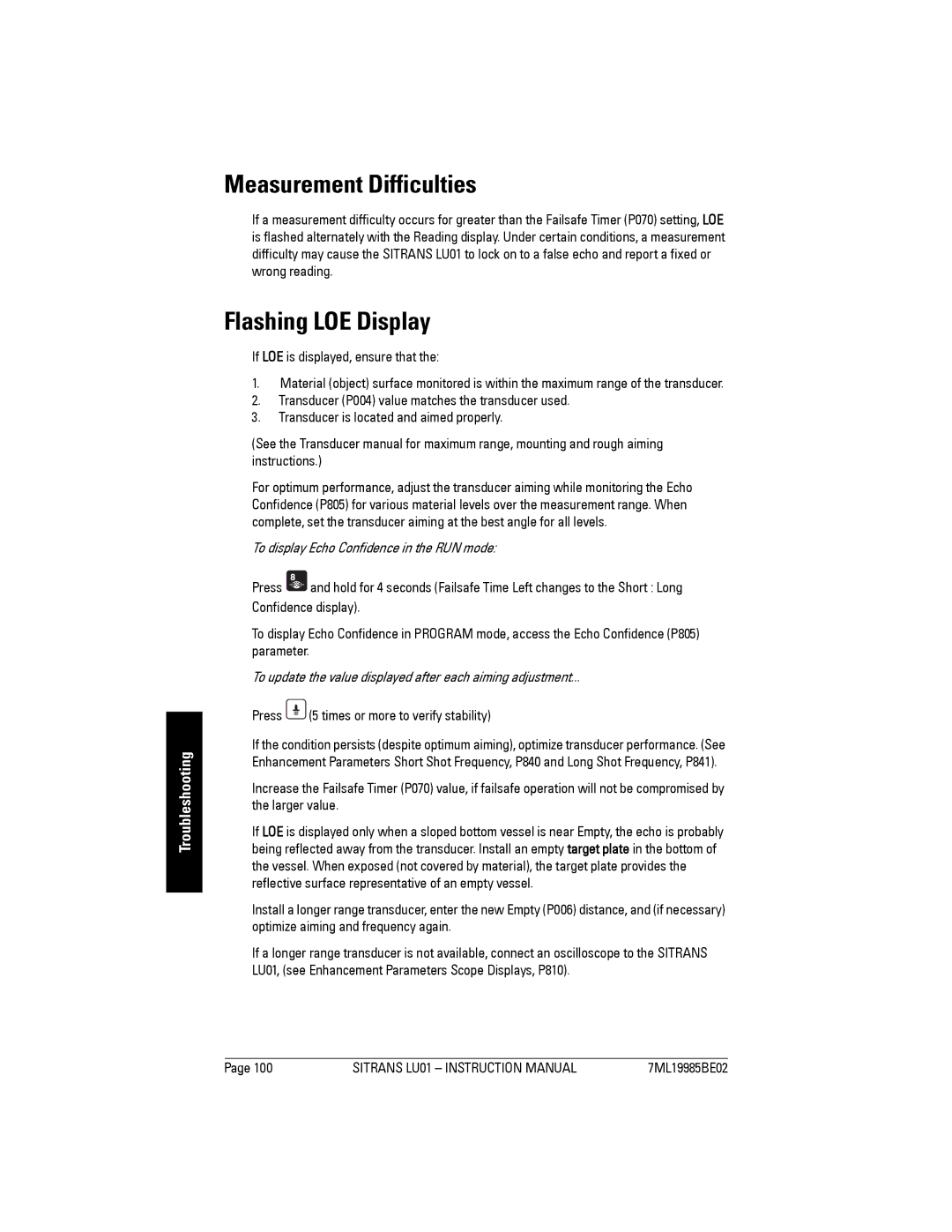 Siemens LU01 instruction manual Measurement Difficulties, Flashing LOE Display, To display Echo Confidence in the RUN mode 