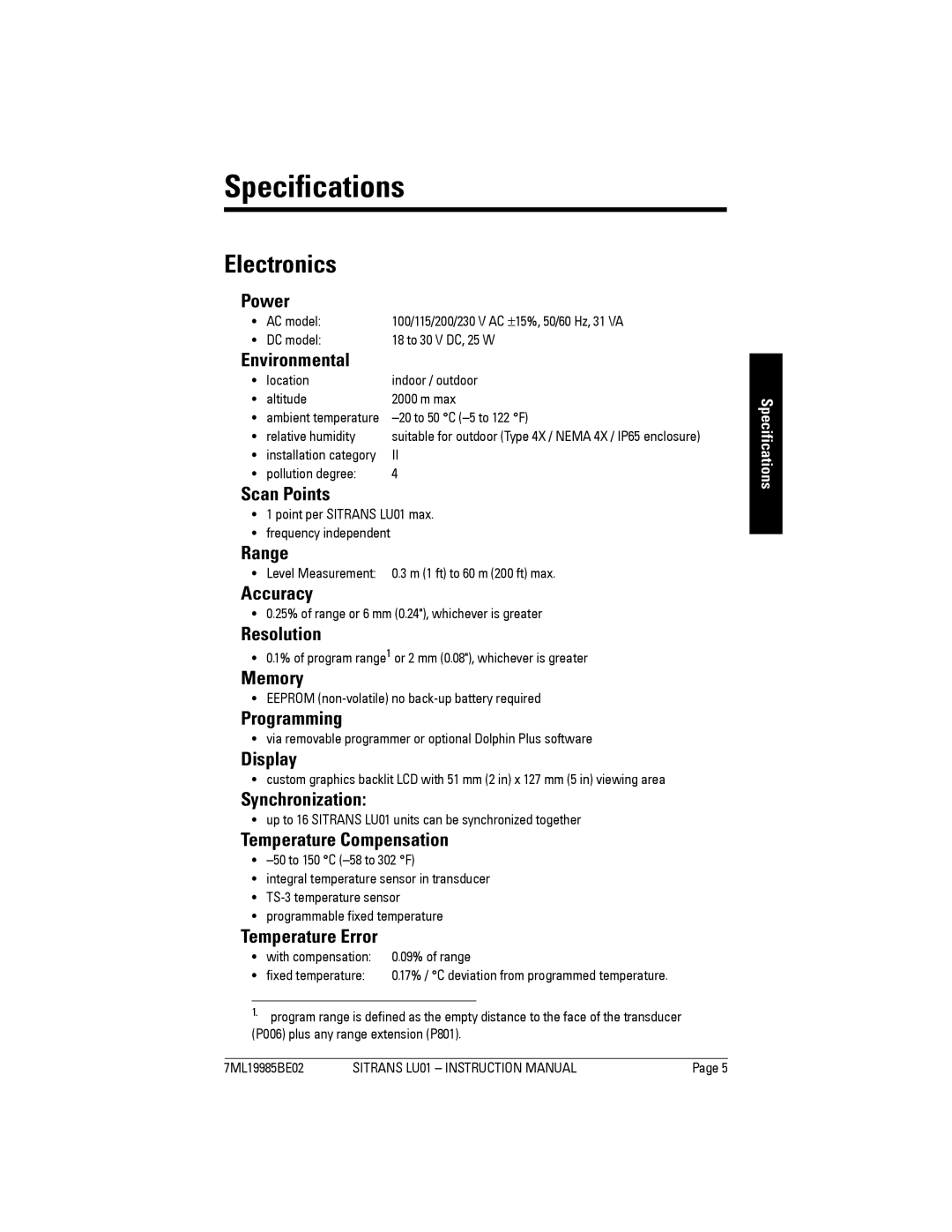 Siemens LU01 instruction manual Specifications, Electronics, Ambient temperature, Installation category 