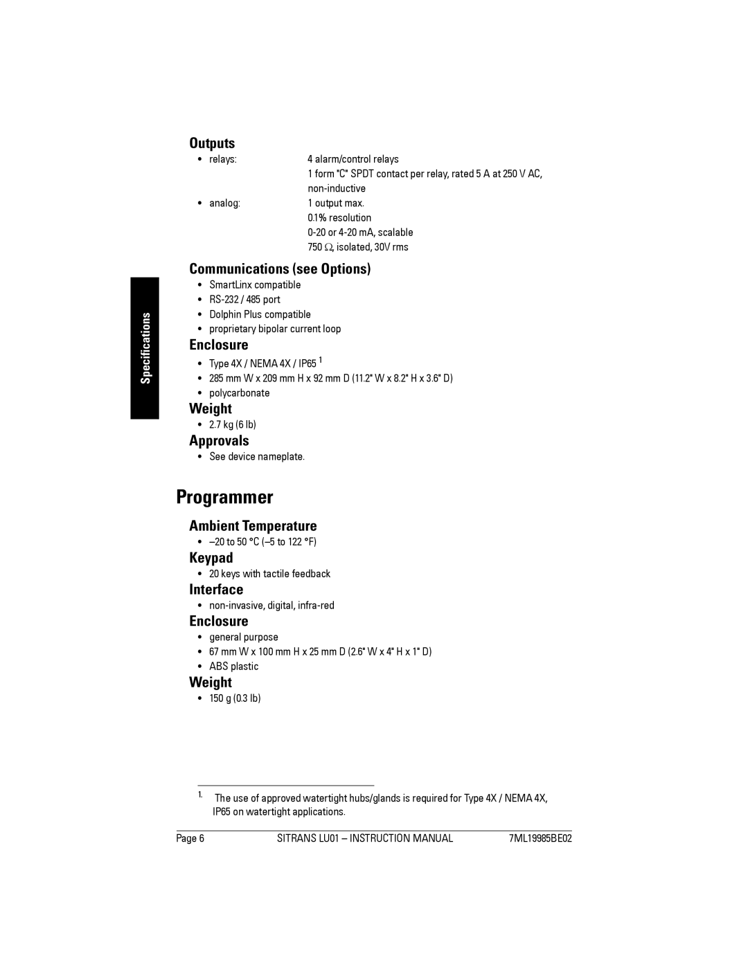 Siemens LU01 instruction manual Programmer, Outputs 