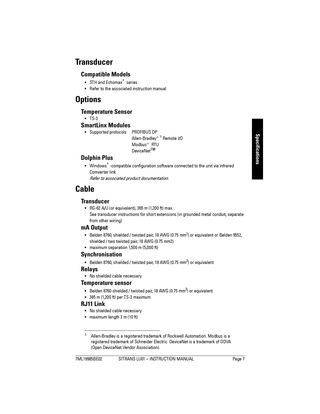 Siemens LU01 instruction manual Transducer, Options, Cable, Refer to associated product documentation 