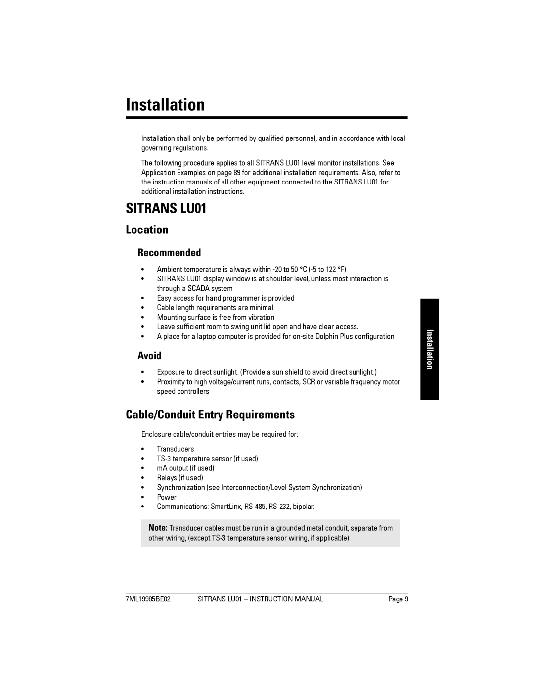 Siemens LU01 instruction manual Installation, Location, Cable/Conduit Entry Requirements 