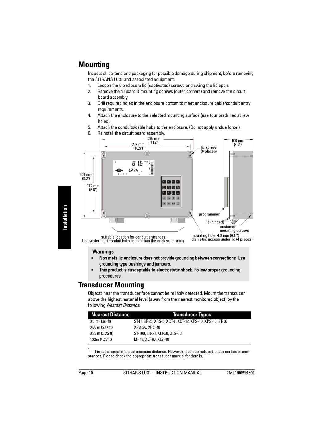 Siemens LU01 instruction manual Transducer Mounting, Transducer Types, M 1.65 ft 