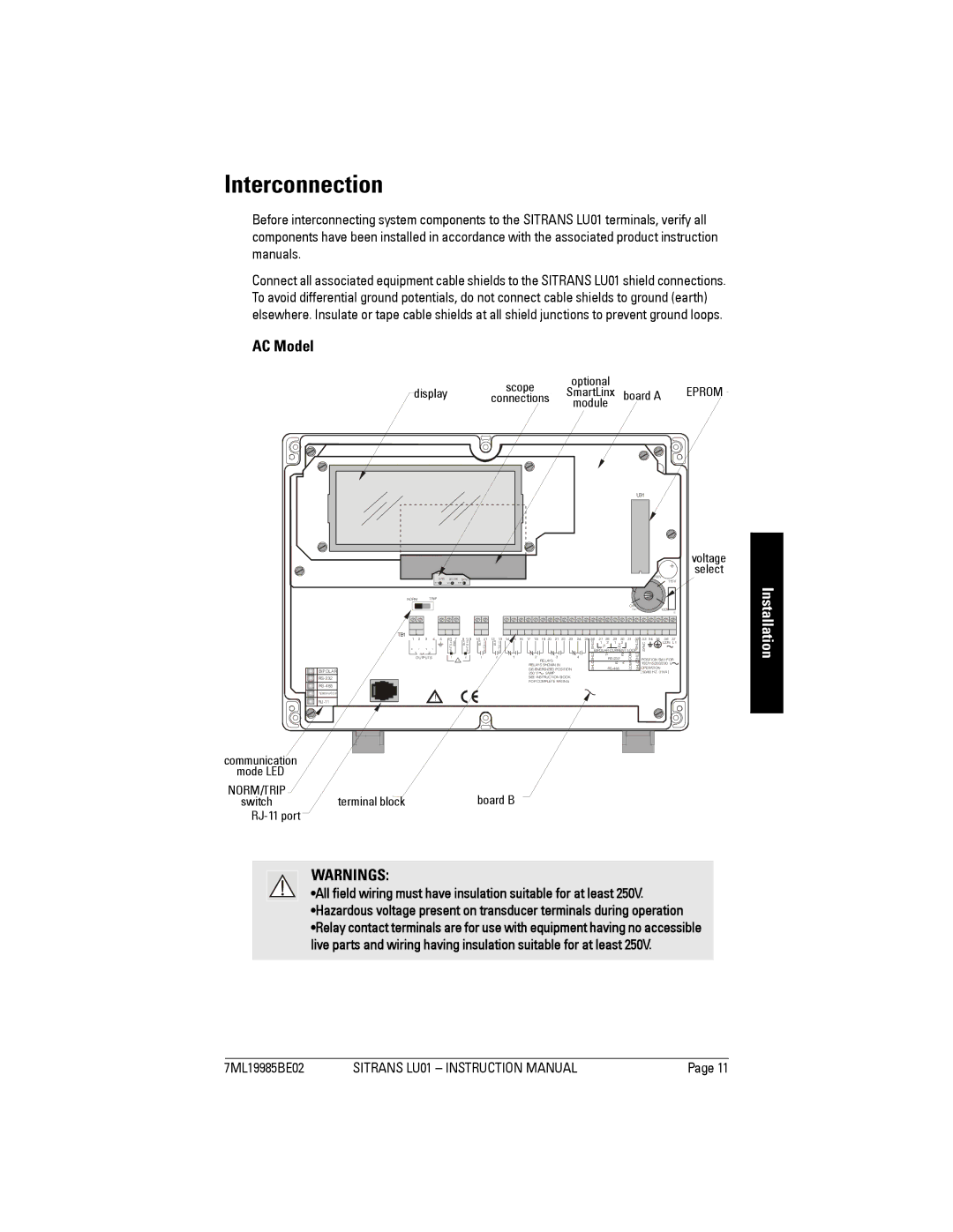 Siemens LU01 Interconnection, AC Model, Voltage Select, Communication Mode LED, Switchterminal blockboard B RJ-11 port 