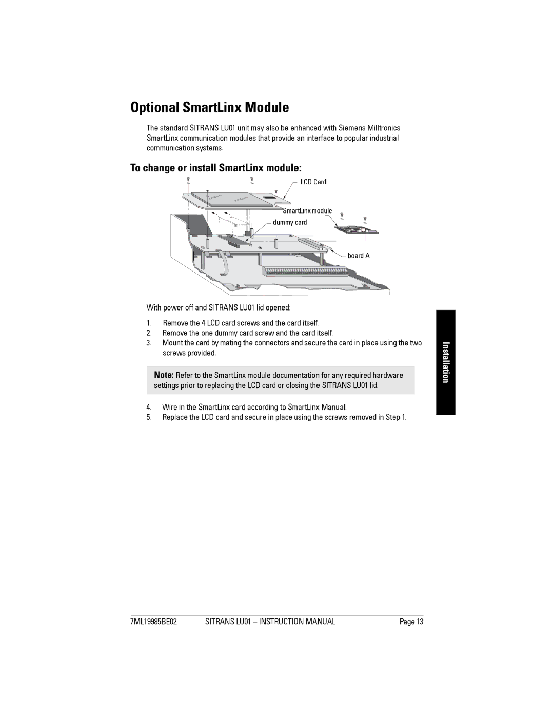 Siemens LU01 instruction manual Optional SmartLinx Module, LCD Card, Board a 