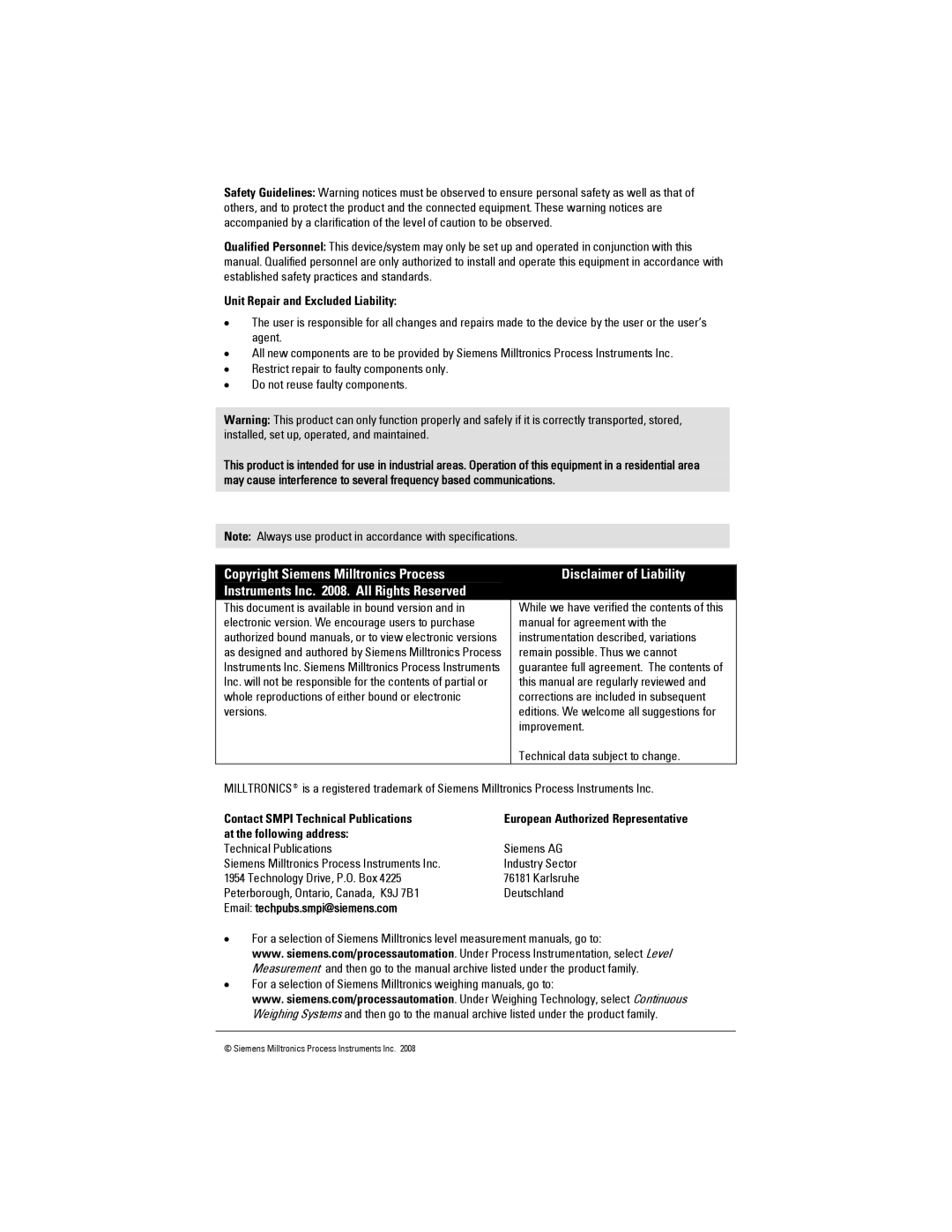 Siemens LU01 This document is available in bound version, Manual for agreement with, Instrumentation described, variations 