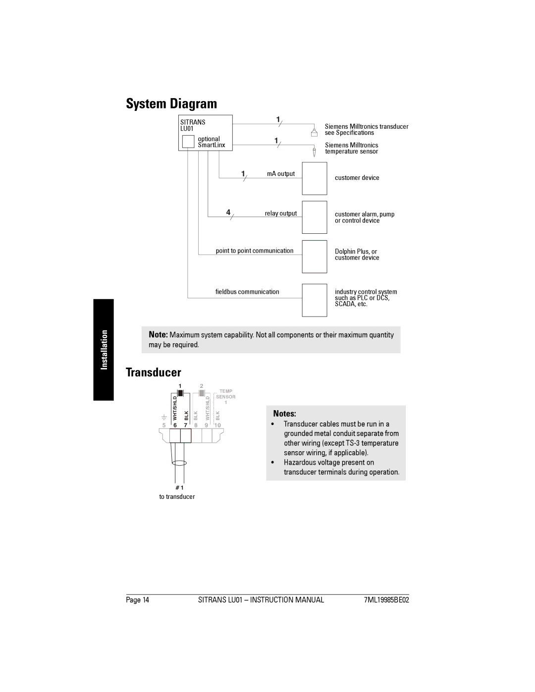 Siemens LU01 instruction manual System Diagram, Transducer 