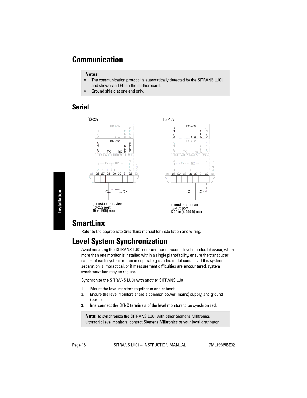 Siemens LU01 instruction manual Communication, SmartLinx, Level System Synchronization, Serial 