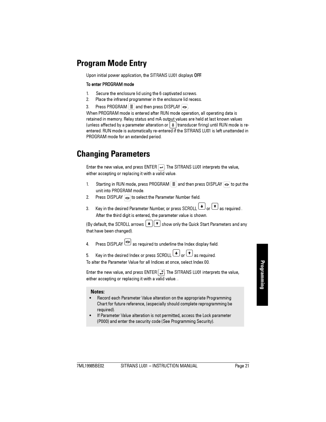 Siemens LU01 instruction manual Program Mode Entry, Changing Parameters 