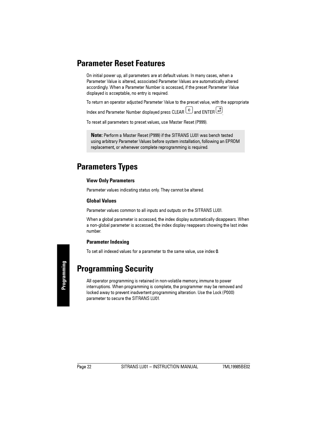 Siemens LU01 instruction manual Parameter Reset Features, Parameters Types, Programming Security 