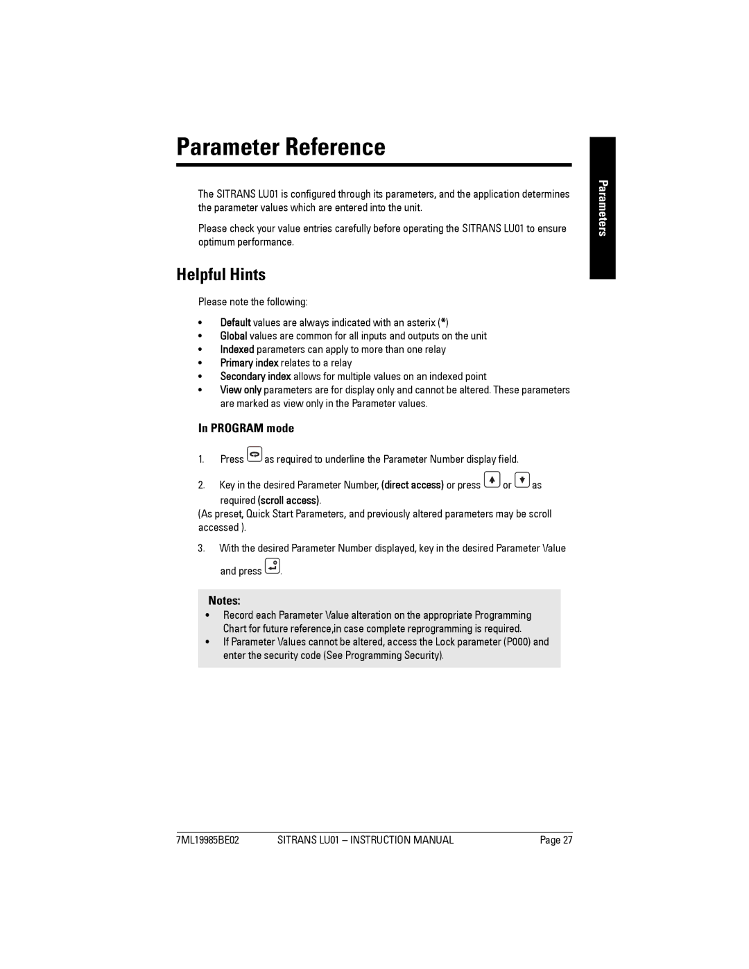 Siemens LU01 instruction manual Parameter Reference, Helpful Hints, Program mode, Parameters 