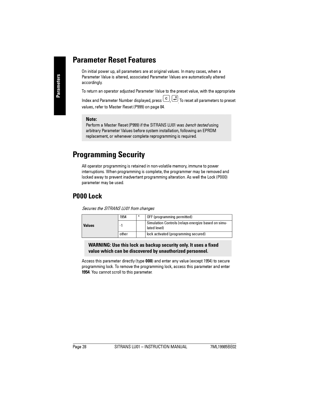 Siemens instruction manual P000 Lock, Secures the Sitrans LU01 from changes, OFF programming permitted, Lated level 