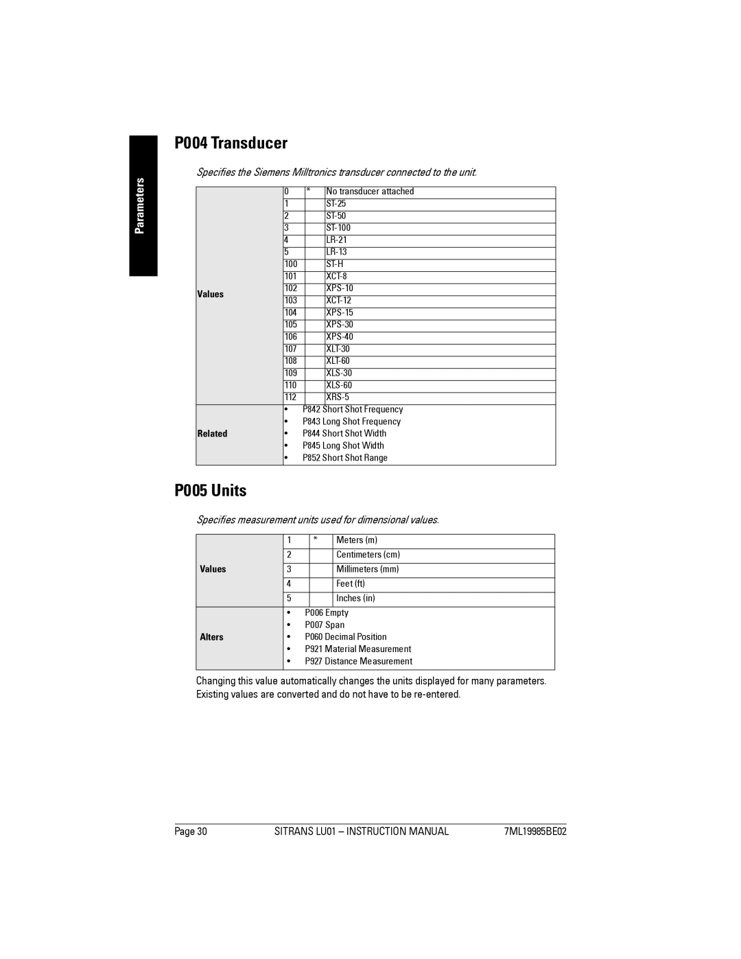 Siemens LU01 instruction manual P004 Transducer, P005 Units, Specifies measurement units used for dimensional values 