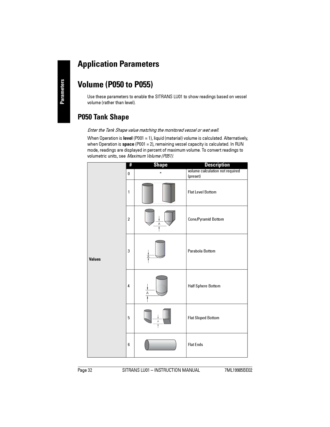 Siemens LU01 instruction manual Application Parameters Volume P050 to P055, P050 Tank Shape 