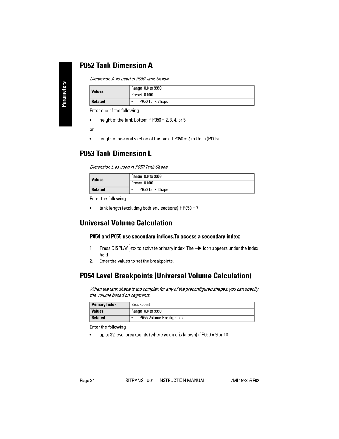 Siemens LU01 instruction manual P052 Tank Dimension a, P053 Tank Dimension L, Universal Volume Calculation 