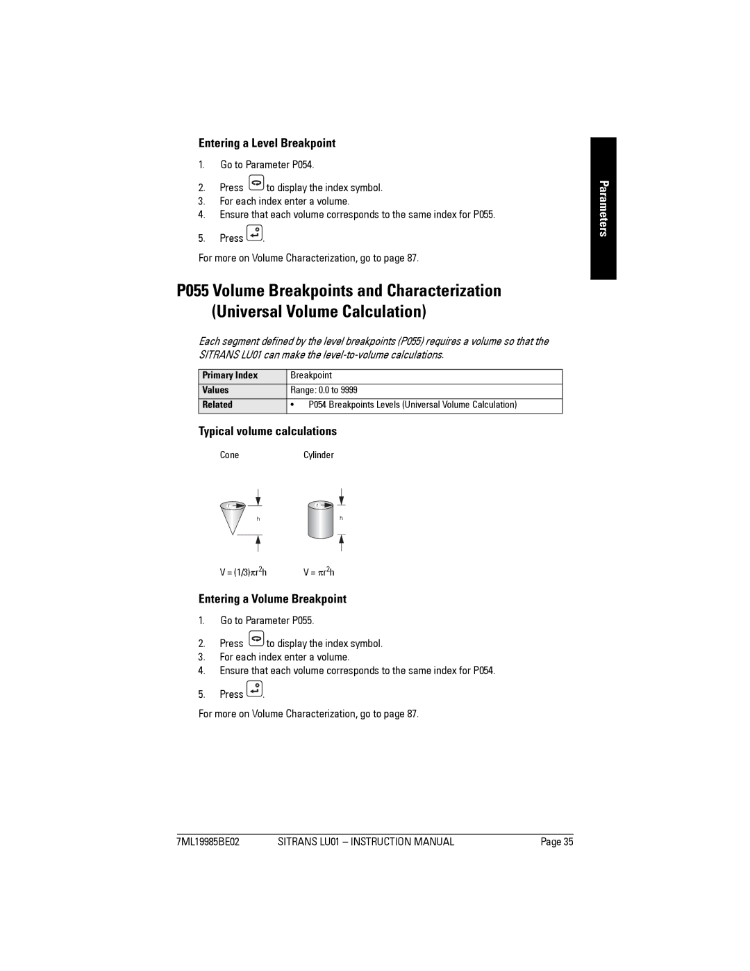 Siemens LU01 instruction manual Entering a Level Breakpoint, Typical volume calculations, Entering a Volume Breakpoint 