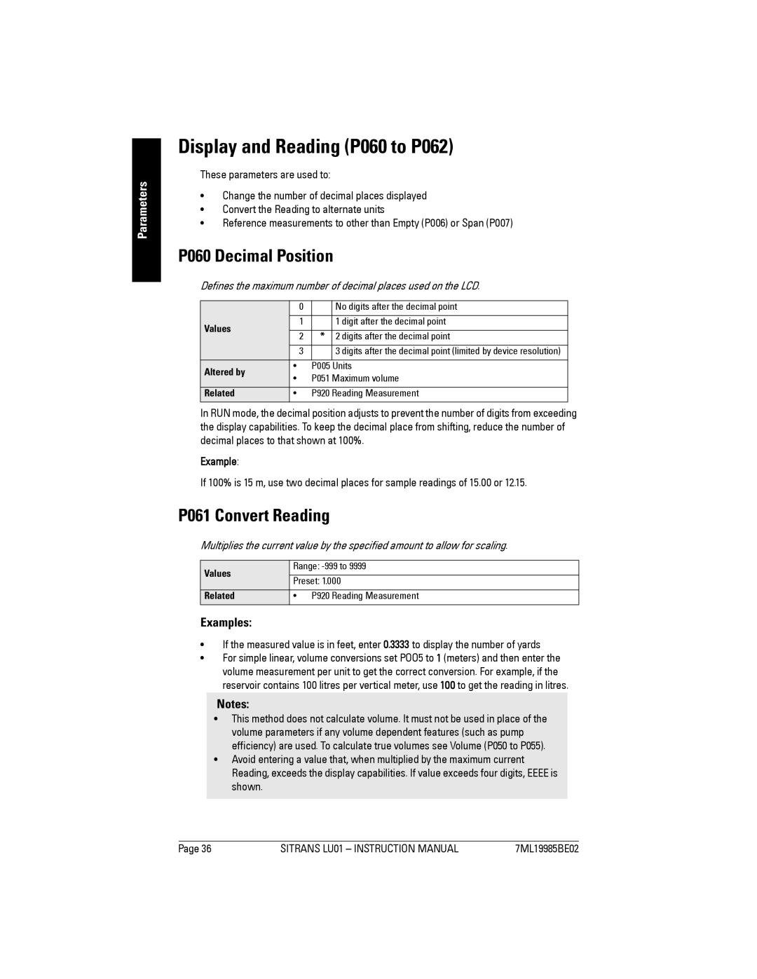 Siemens LU01 instruction manual Display and Reading P060 to P062, P060 Decimal Position, P061 Convert Reading 