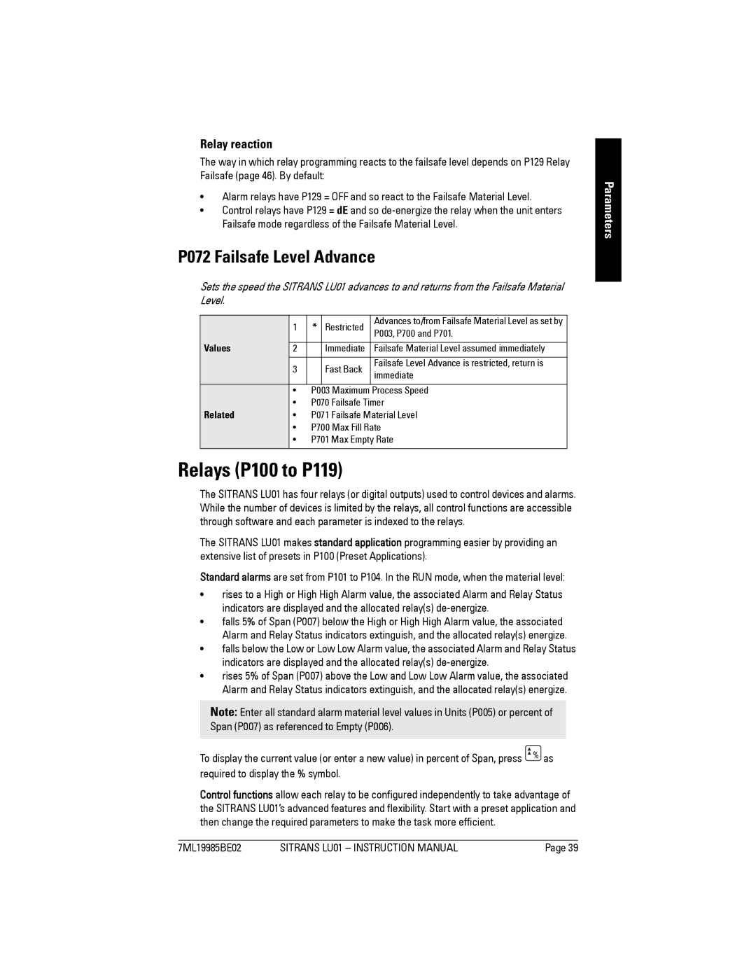 Siemens LU01 instruction manual Relays P100 to P119, P072 Failsafe Level Advance, Relay reaction 