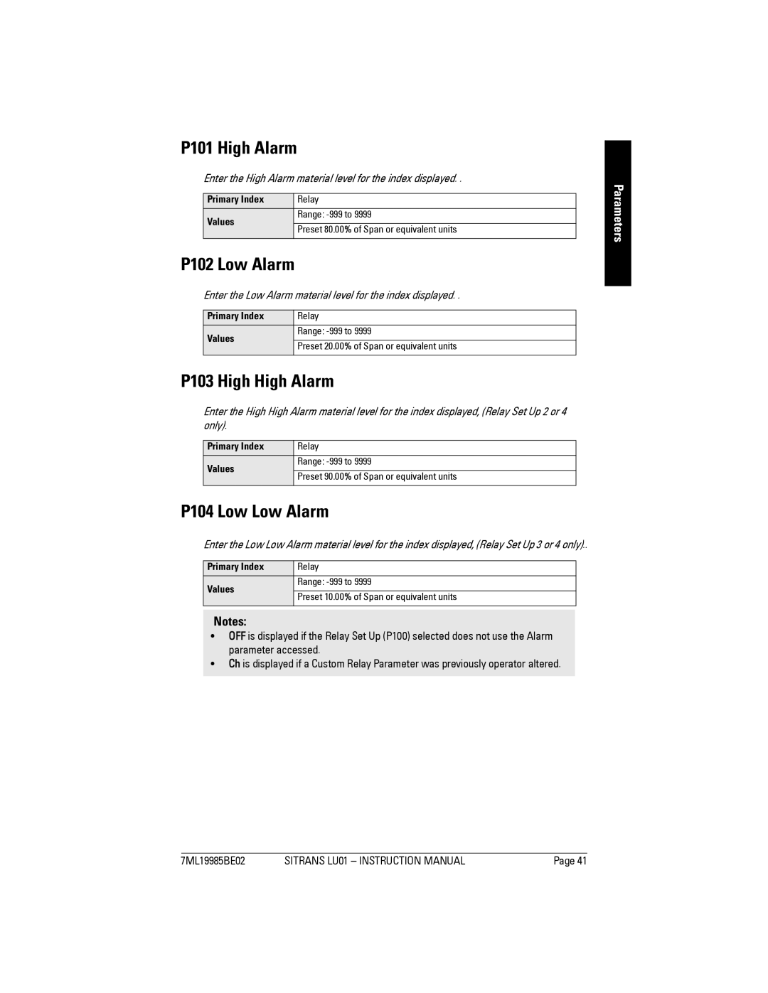 Siemens LU01 instruction manual P101 High Alarm, P102 Low Alarm, P103 High High Alarm, P104 Low Low Alarm 