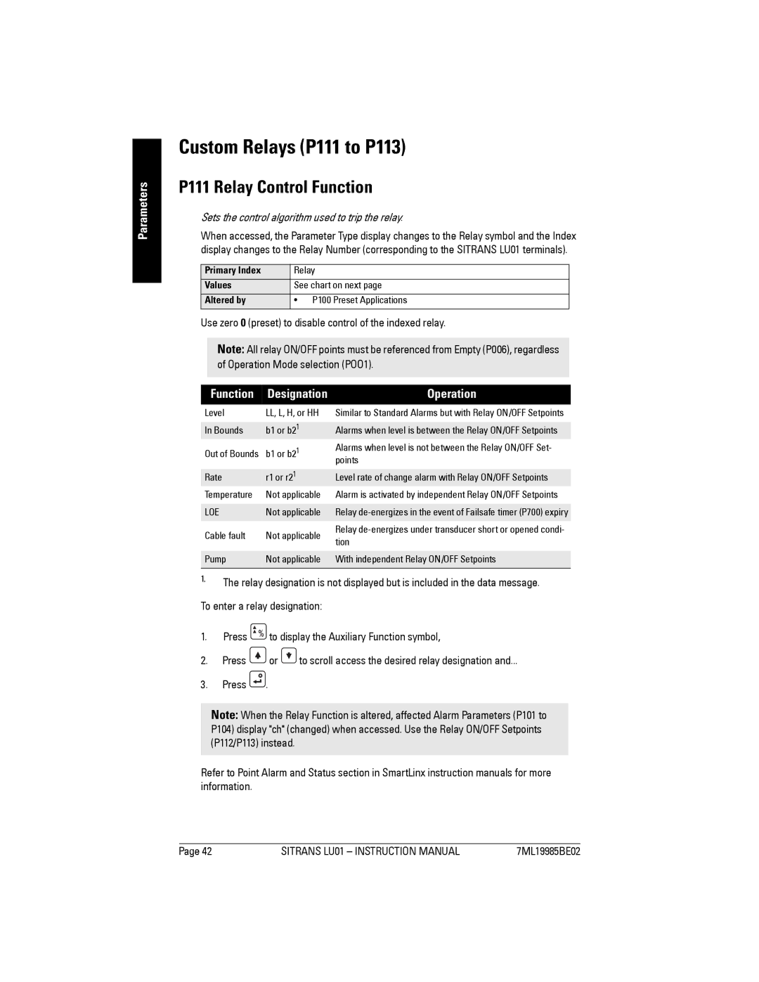 Siemens LU01 Custom Relays P111 to P113, P111 Relay Control Function, Sets the control algorithm used to trip the relay 