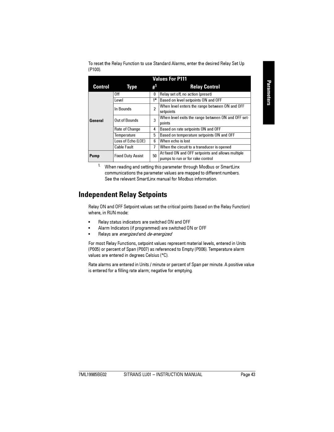 Siemens LU01 instruction manual Independent Relay Setpoints, Values For P111 Control Type Relay Control 