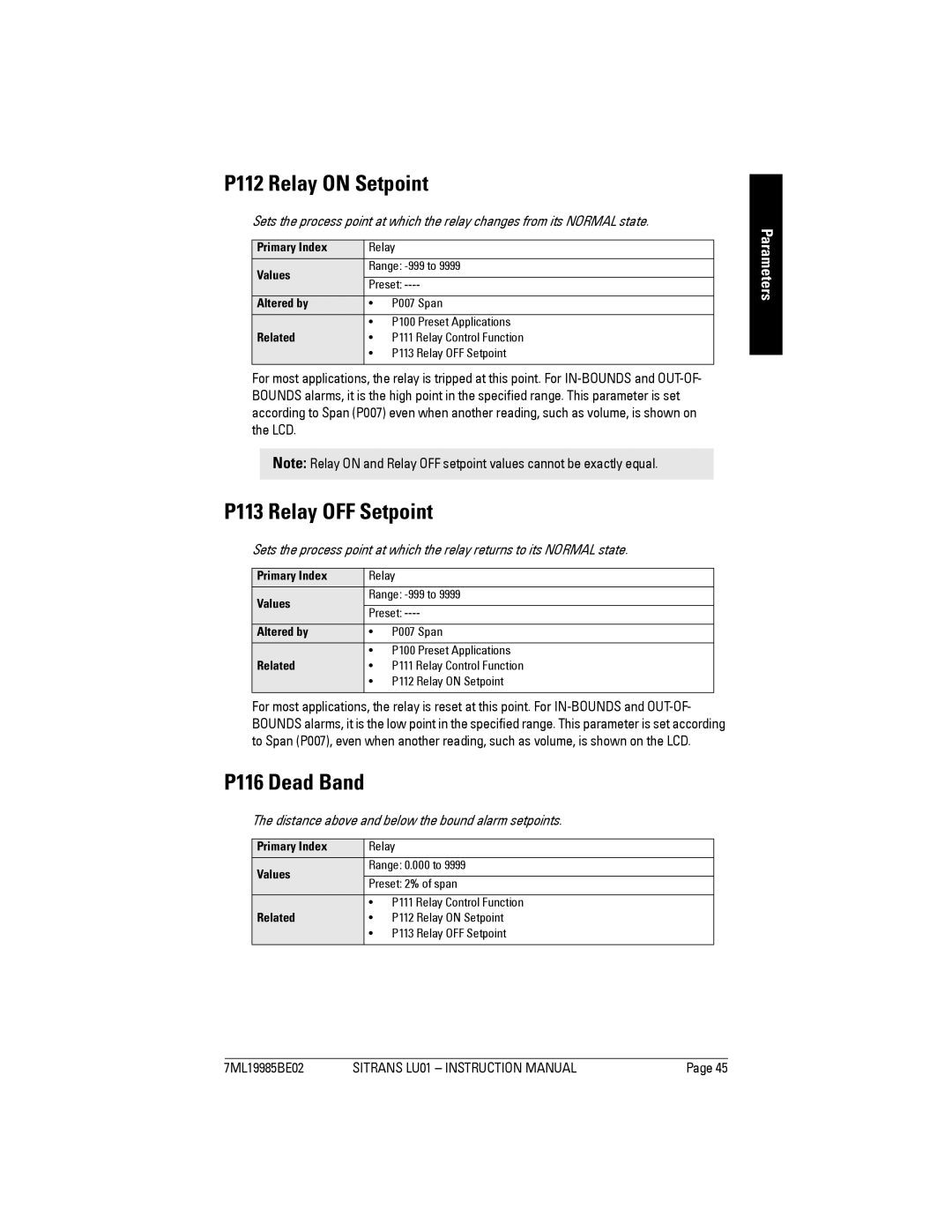 Siemens LU01 instruction manual P112 Relay on Setpoint, P113 Relay OFF Setpoint, P116 Dead Band 