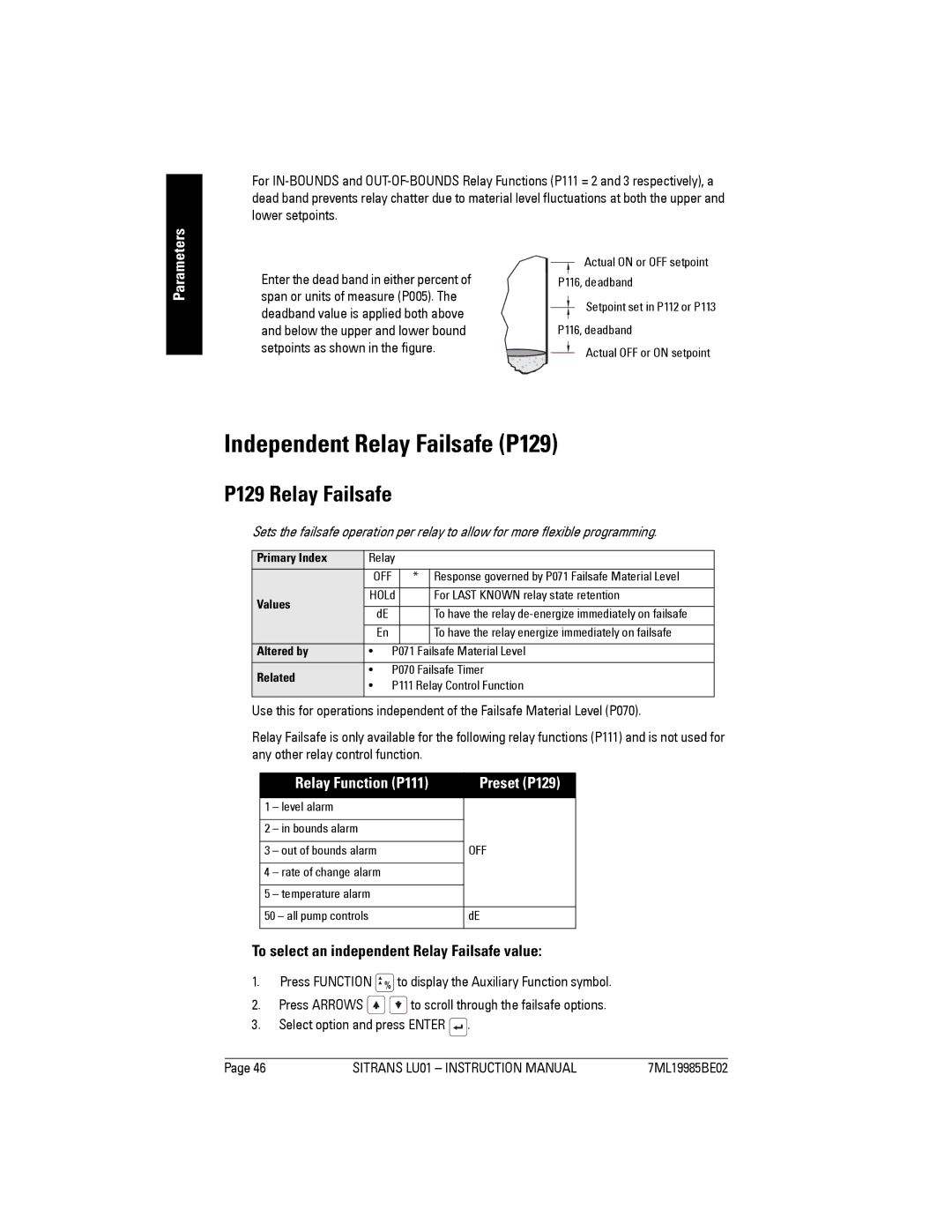 Siemens LU01 instruction manual Independent Relay Failsafe P129, P129 Relay Failsafe, Relay Function P111 Preset P129 