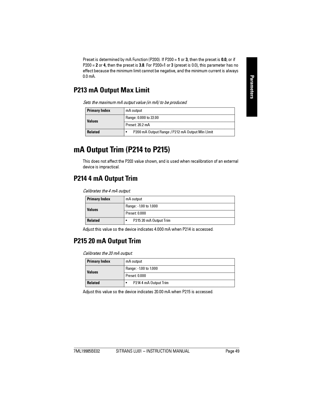 Siemens LU01 MA Output Trim P214 to P215, P213 mA Output Max Limit, P214 4 mA Output Trim, P215 20 mA Output Trim 