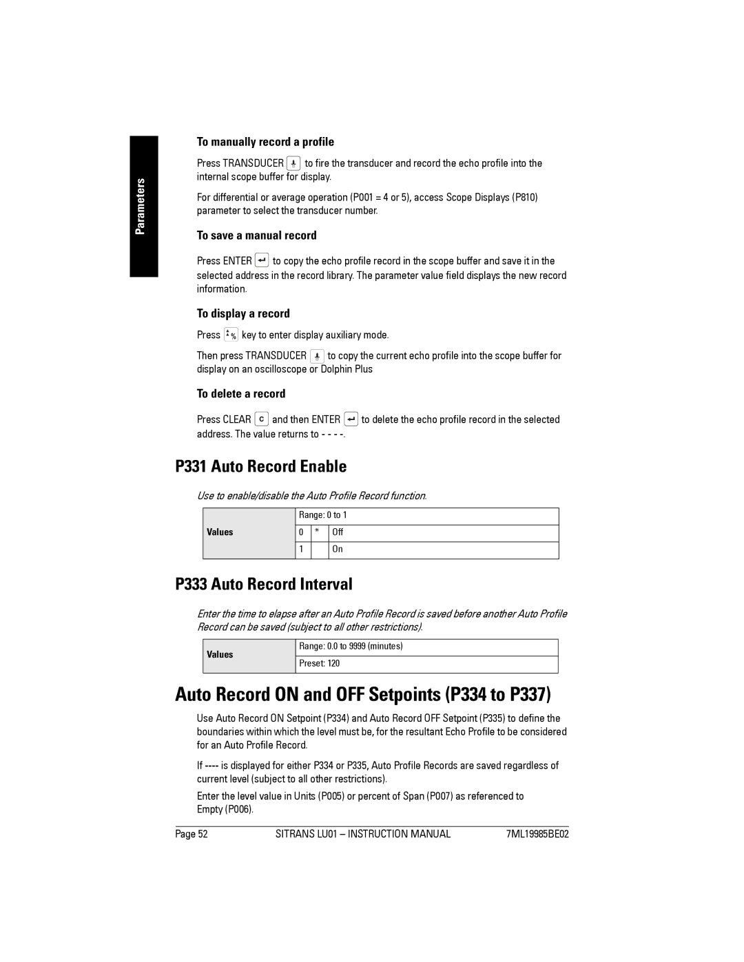 Siemens LU01 P331 Auto Record Enable, P333 Auto Record Interval, Auto Record on and OFF Setpoints P334 to P337 