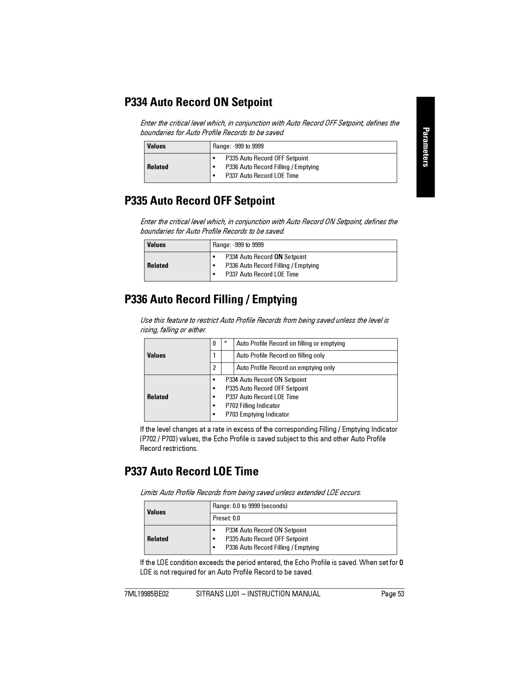 Siemens LU01 P334 Auto Record on Setpoint, P335 Auto Record OFF Setpoint, P336 Auto Record Filling / Emptying 