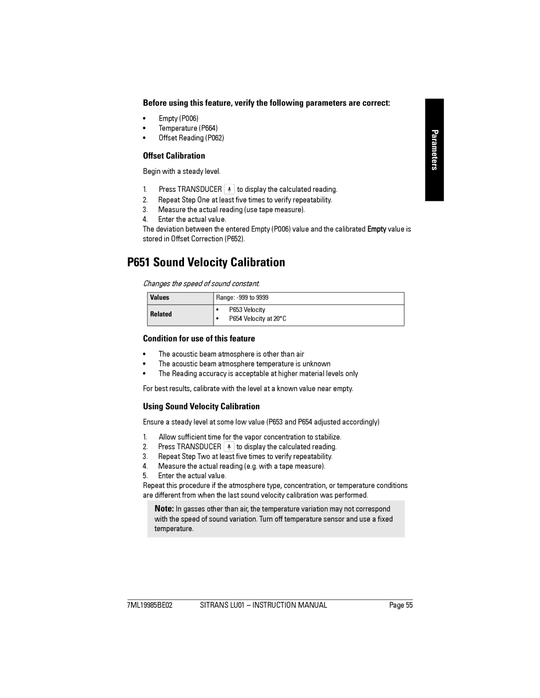 Siemens LU01 instruction manual P651 Sound Velocity Calibration, Offset Calibration, Condition for use of this feature 