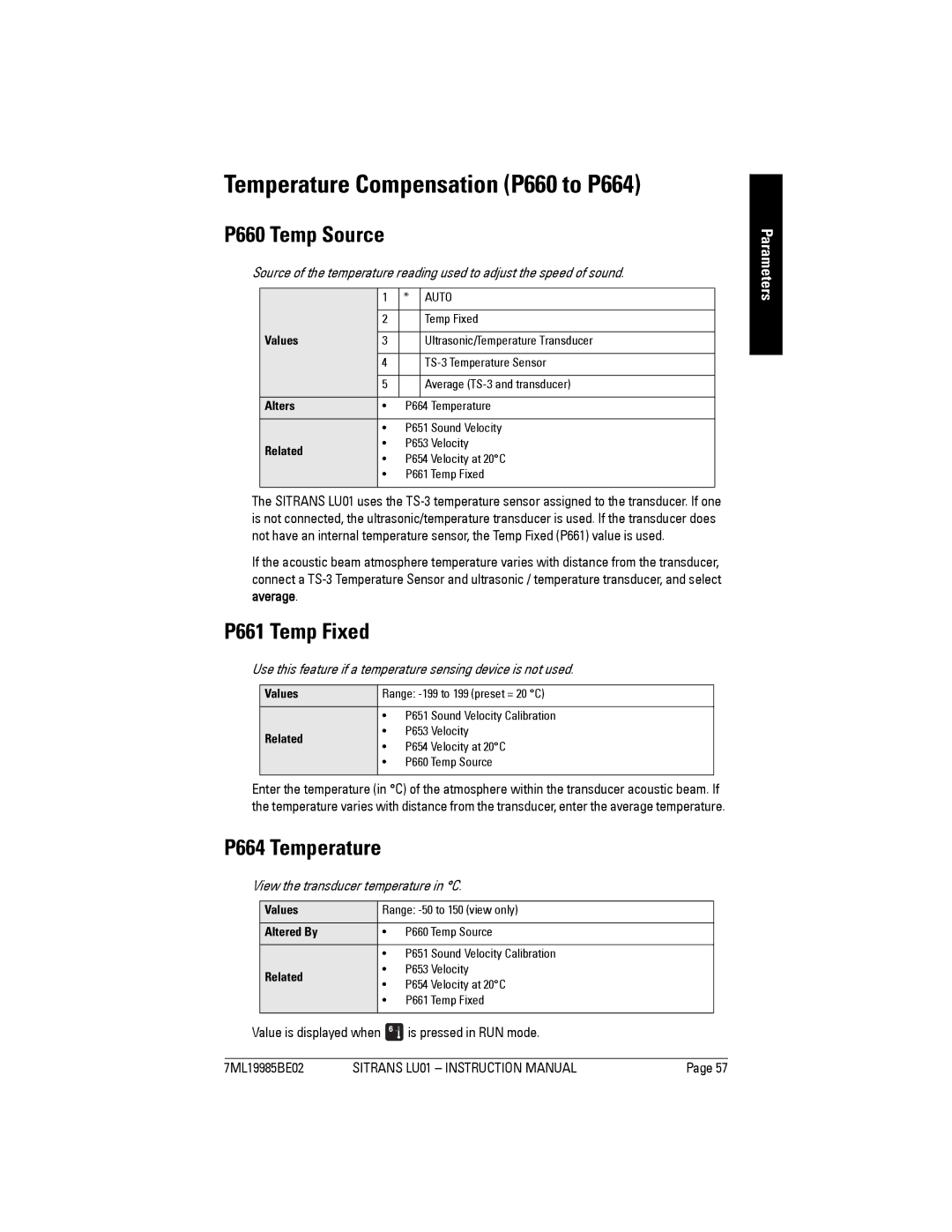 Siemens LU01 instruction manual Temperature Compensation P660 to P664, P660 Temp Source, P661 Temp Fixed, P664 Temperature 