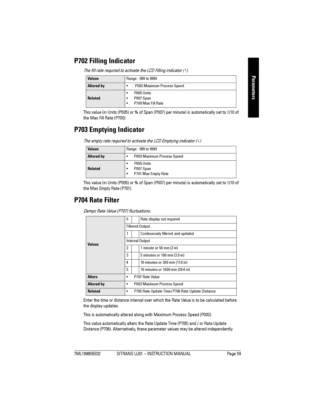 Siemens LU01 instruction manual P702 Filling Indicator, P703 Emptying Indicator, P704 Rate Filter 