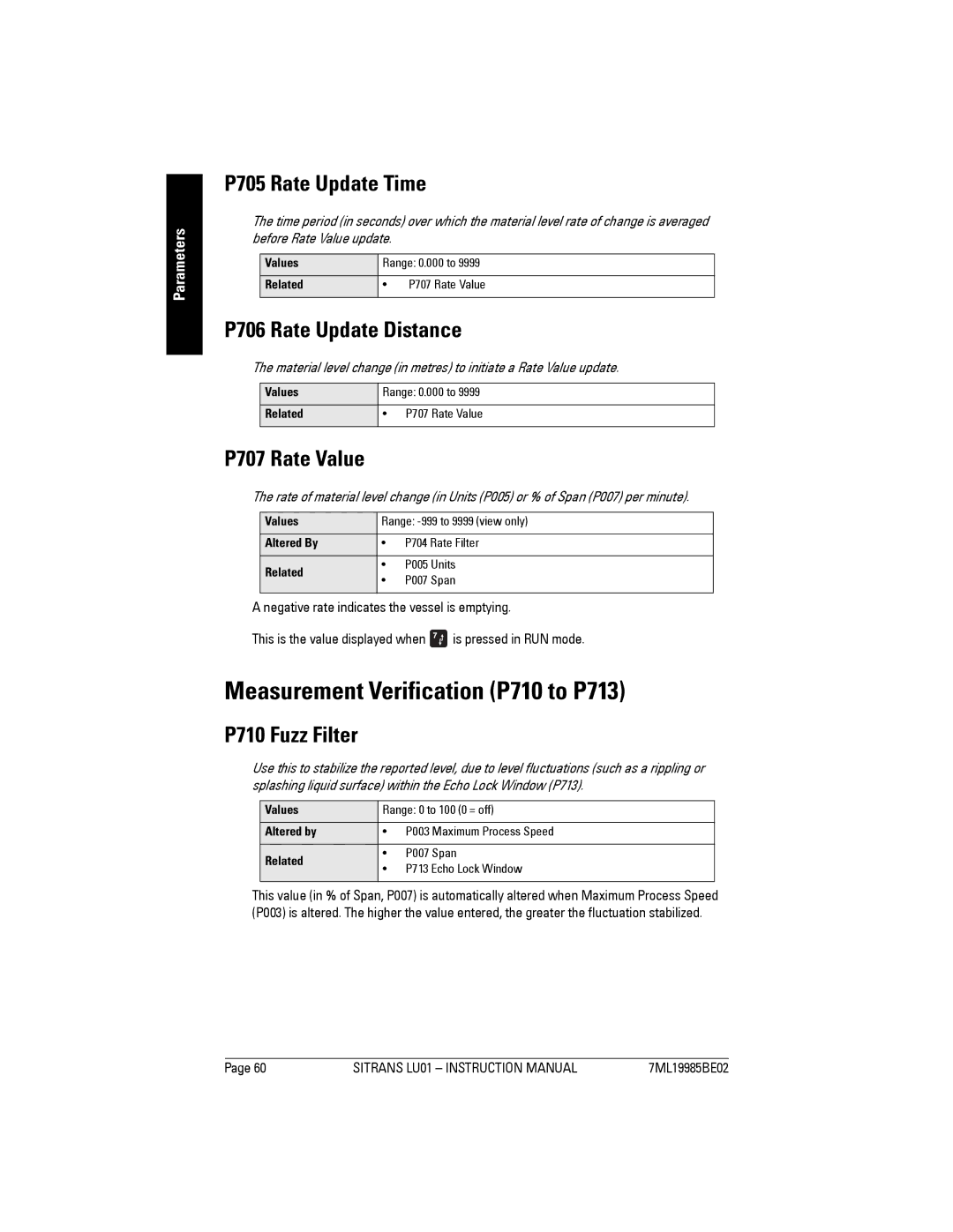 Siemens LU01 Measurement Verification P710 to P713, P705 Rate Update Time, P706 Rate Update Distance, P707 Rate Value 