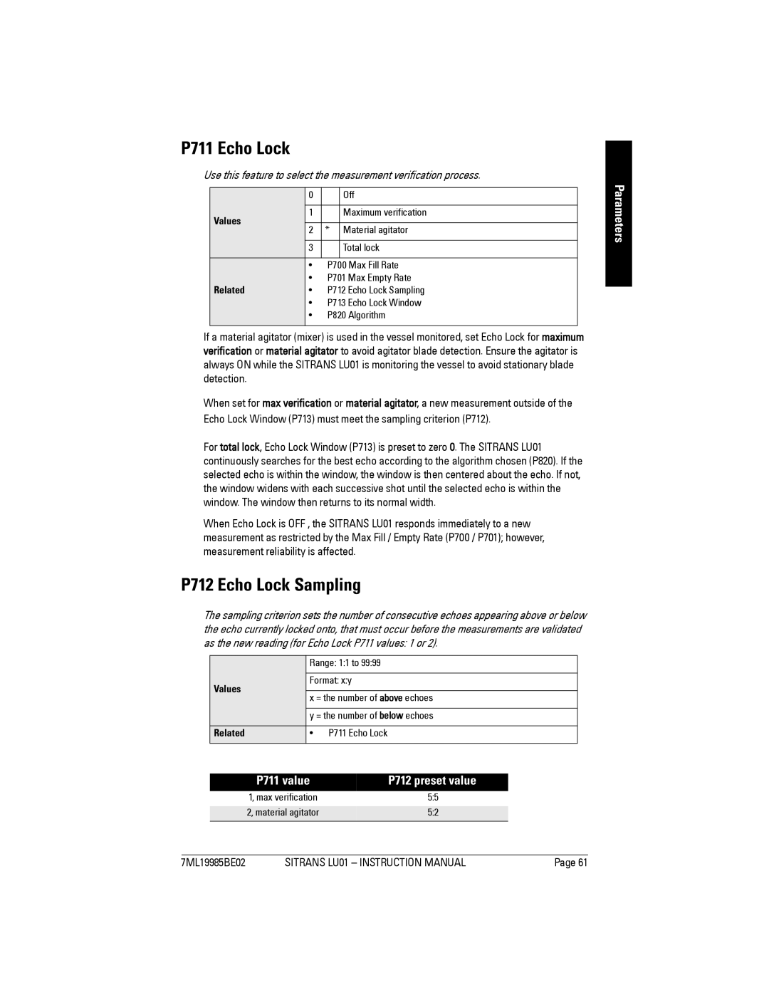 Siemens LU01 instruction manual P711 Echo Lock, P712 Echo Lock Sampling, P711 value P712 preset value 