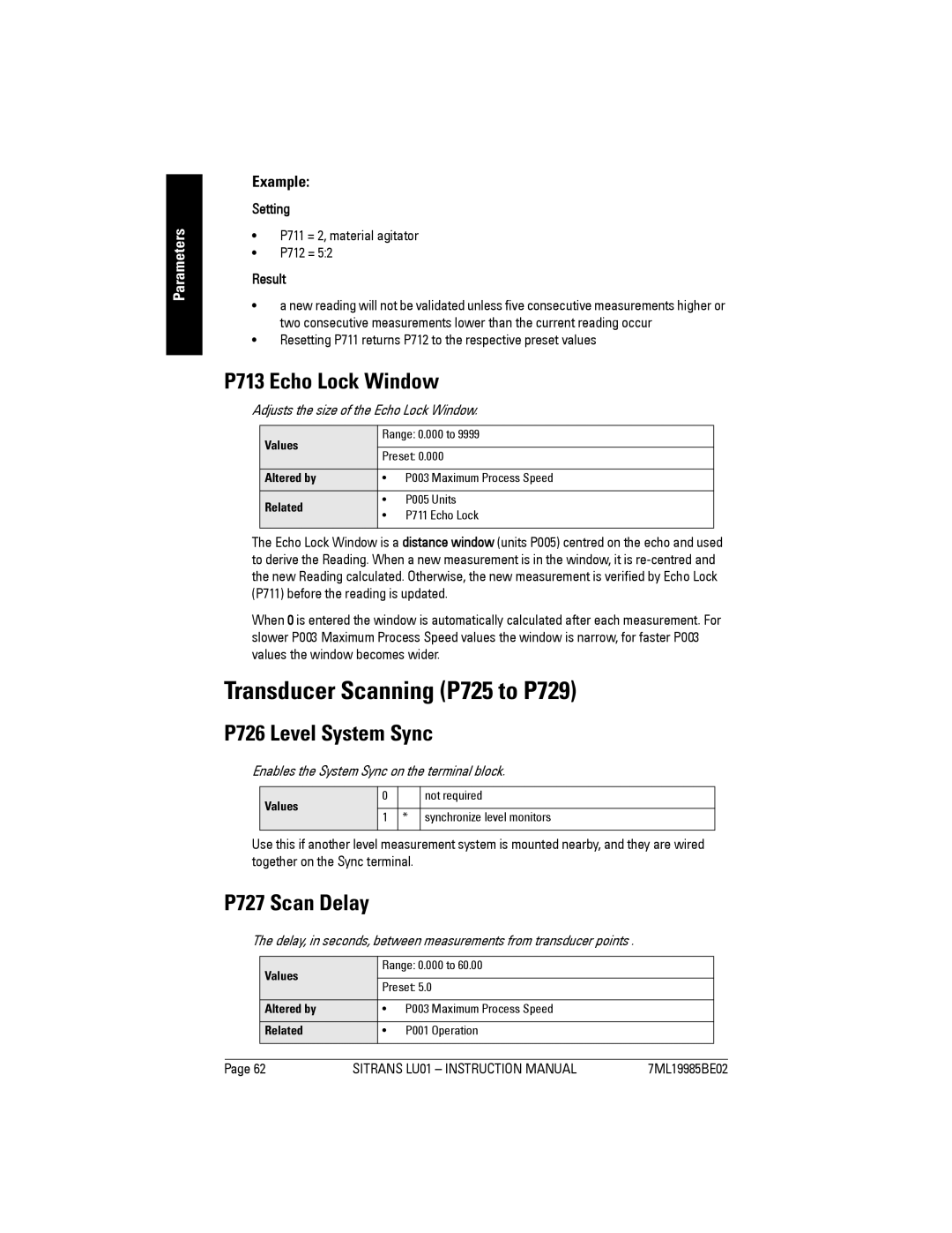 Siemens LU01 Transducer Scanning P725 to P729, P713 Echo Lock Window, P726 Level System Sync, P727 Scan Delay, Example 