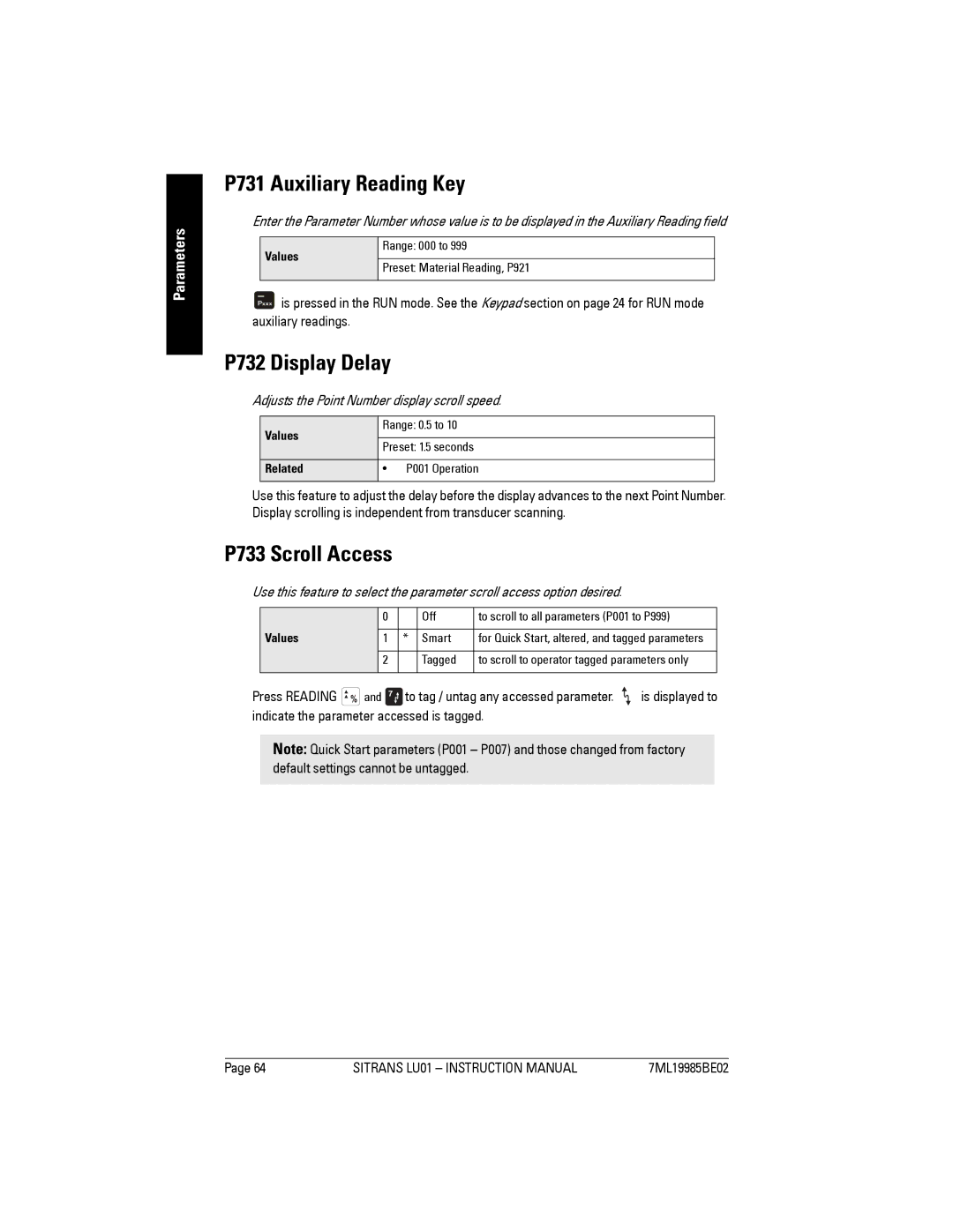 Siemens LU01 instruction manual P731 Auxiliary Reading Key, P732 Display Delay, P733 Scroll Access 