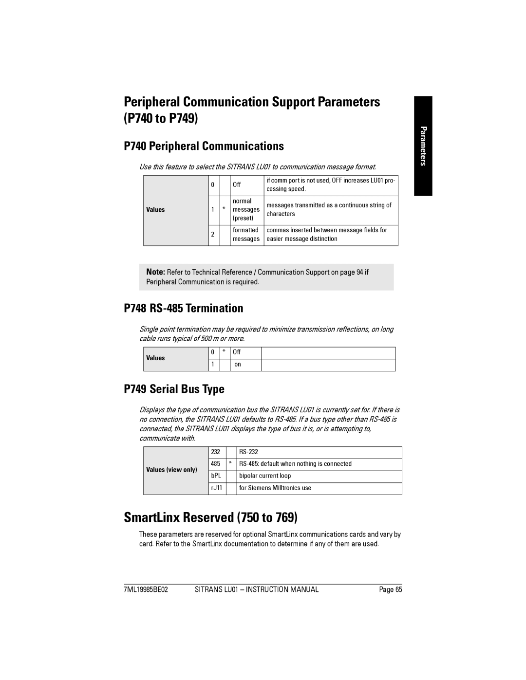 Siemens LU01 Peripheral Communication Support Parameters P740 to P749, SmartLinx Reserved 750 to, P748 RS-485 Termination 