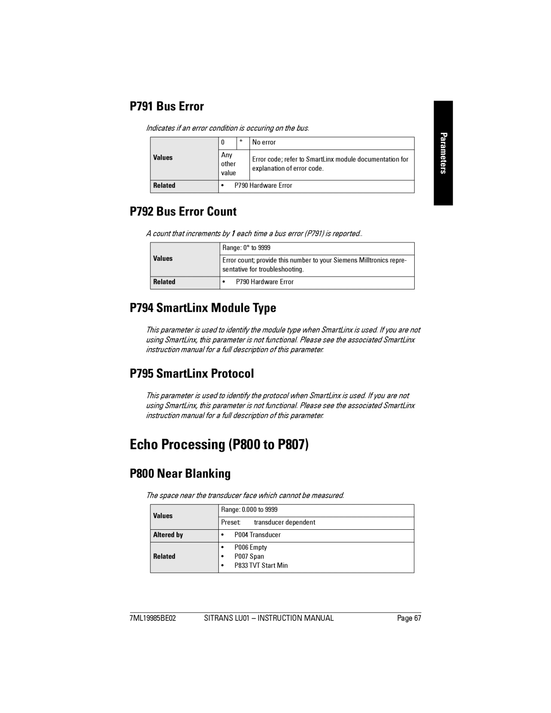 Siemens LU01 instruction manual Echo Processing P800 to P807, P791 Bus Error, P792 Bus Error Count, P800 Near Blanking 