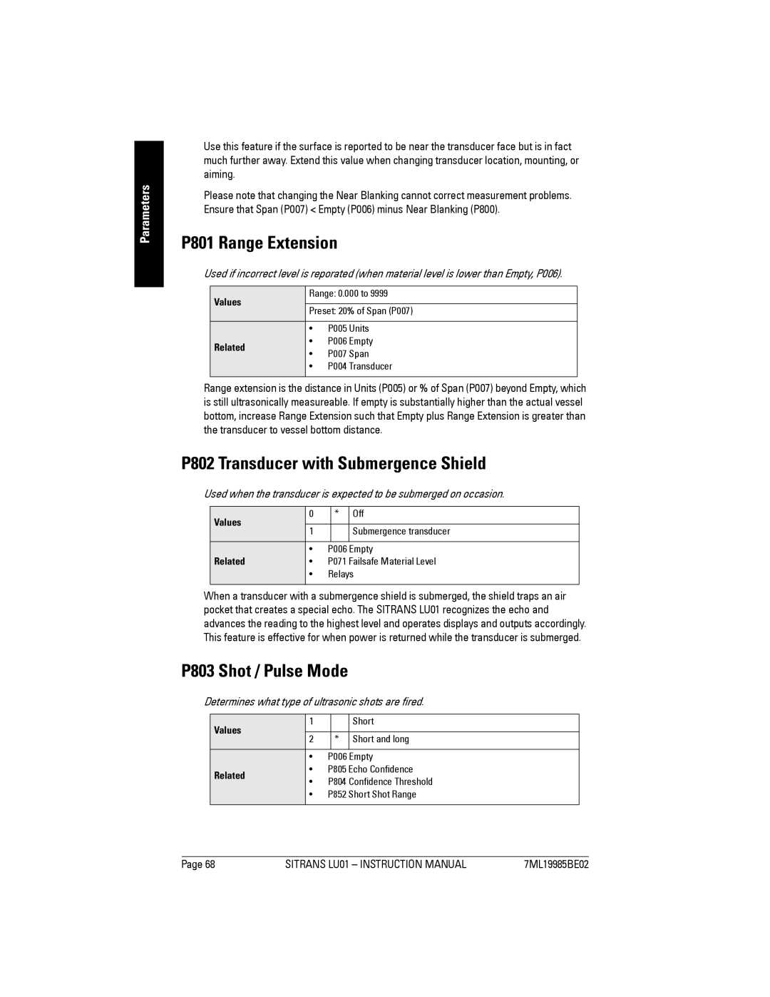 Siemens LU01 instruction manual P801 Range Extension, P802 Transducer with Submergence Shield, P803 Shot / Pulse Mode 